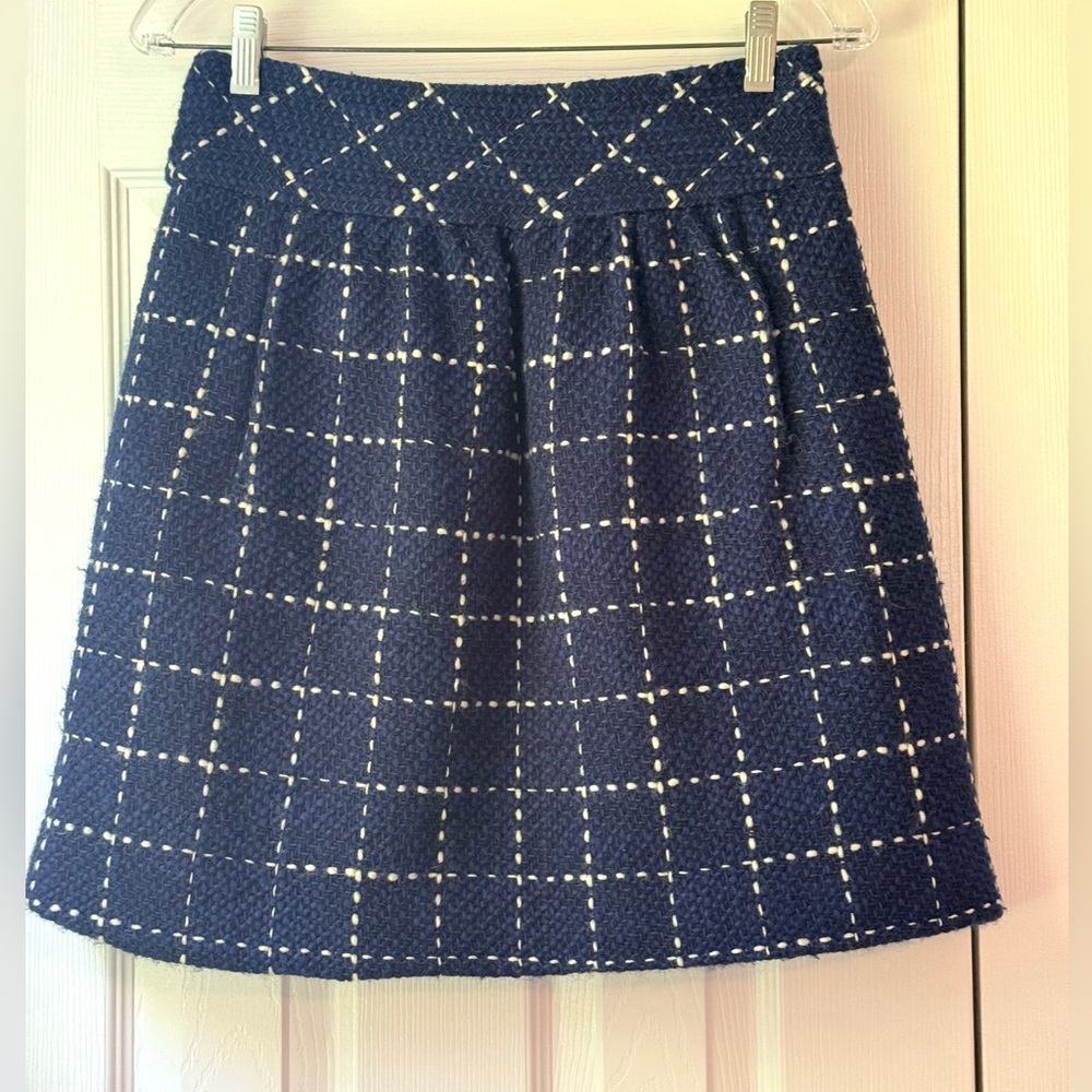 Maeve Anthropologie Cabincore Holiday Wool Blue and White Plaid Skirt 2